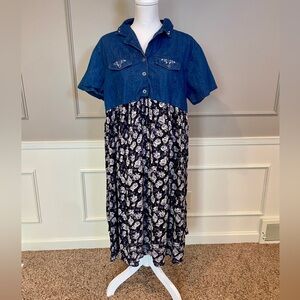 Vintage 90s Premier International Large denim shirt dress jean floral black rose